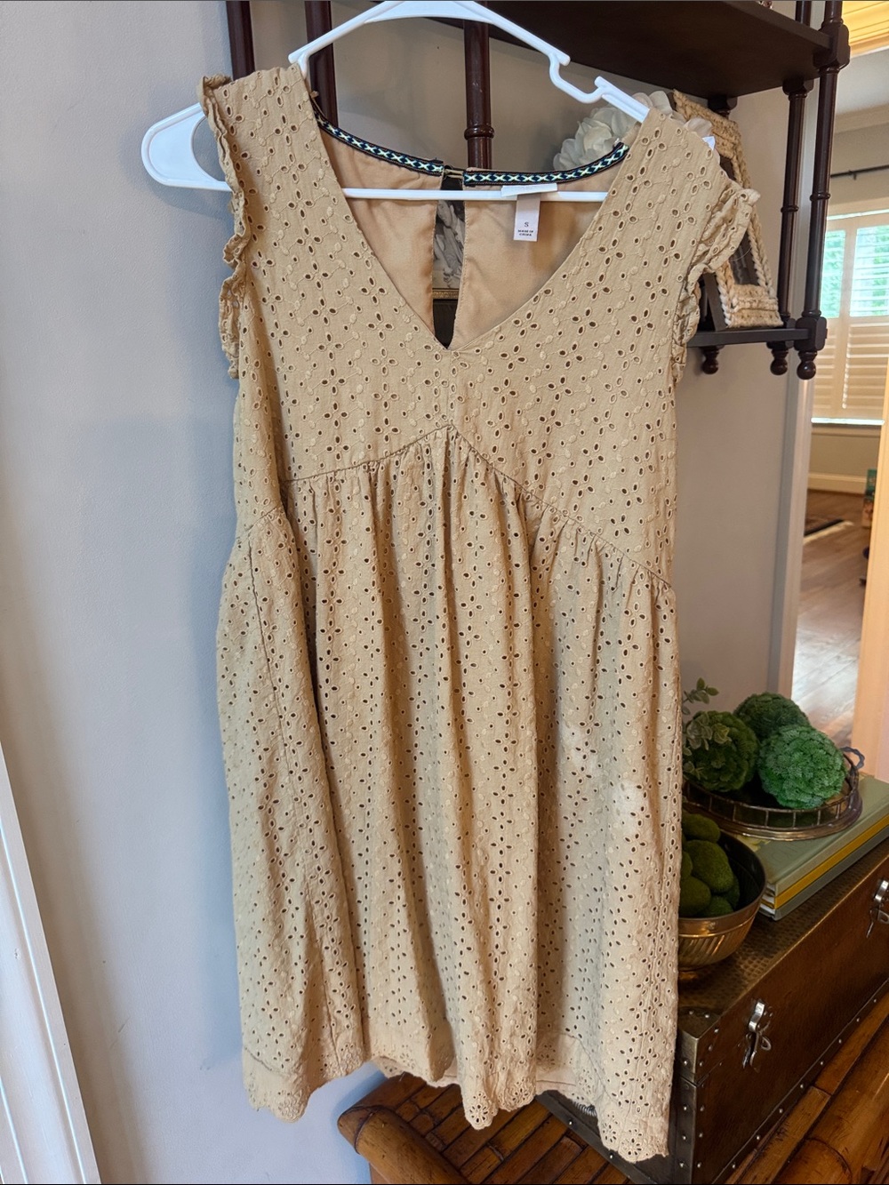 Eyelet V-Neck Summer Dress in Tan